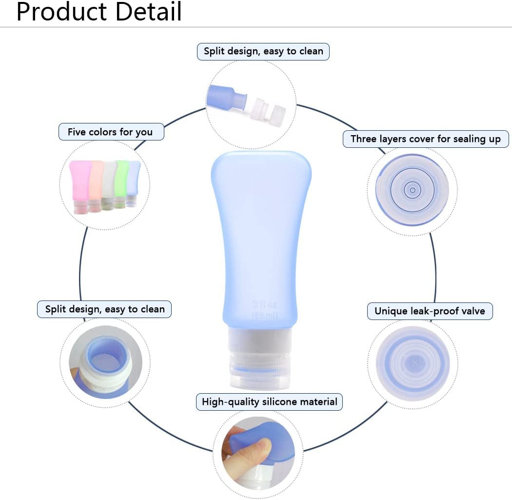 AOUTACC 5 Pack TSA Approved Travel Bottles Sets, 3 Ounce Leakproof Silicone Travel Containers Liquid Portable Leakproof Travel Size Bottles