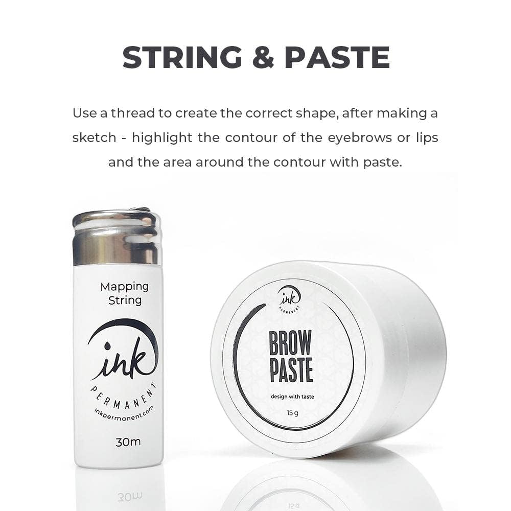 Brow Mapping Kit with White Brow Paste [Large 15g Bottle] White Brow Mapping String [30 m ] and 2 Eyebrow Brush Set for Microblading Supplies, PMU