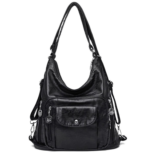 YOUNXSL Convertible Backpack Purse for Women PU Leahter Handbag Fashion Hobo Multiple Pockets Tote Satchel Shoulder Bag Black