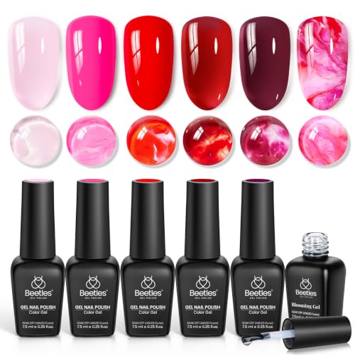 Beetles Blooming Gel Nail Polish Set, 6 Colors Red Pink Wine Jelly Gel Polish Kit, Cupid’s Crush Soak Off UV Gel for Aura Ombre Marble Nail Art DIY Beauty and Personal Care beetles Gel Polish Default Title