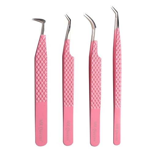 MK Queens Lash Tweezers - Stainless Steel Fiber Tip Eyelash Tweezers (Set of 4) - Diamond Grip Professional Lash Tweezers for Eyelash Extensions