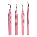 MK Queens Lash Tweezers - Stainless Steel Fiber Tip Eyelash Tweezers (Set of 4) - Diamond Grip Professional Lash Tweezers for Eyelash Extensions