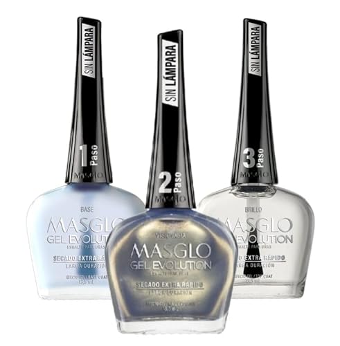 MASGLO GEL EVOLUTION Nail Polish Gel Effect, No UV/Led Lamp, Duration Up to 12 days, 3 PCs Base, Esmalte Color, Brillo (Visionaria, Base y Brillo) Beauty & Personal Care MASGLO