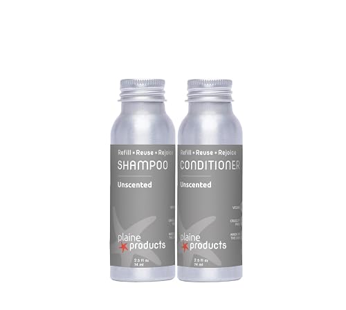 Plaine Products Eco-Friendly Travel Size Shampoo and Conditioner - Unscented - Sulfate/Paraben/Phthalate Free, 2.5oz Refillable Aluminum Bottles