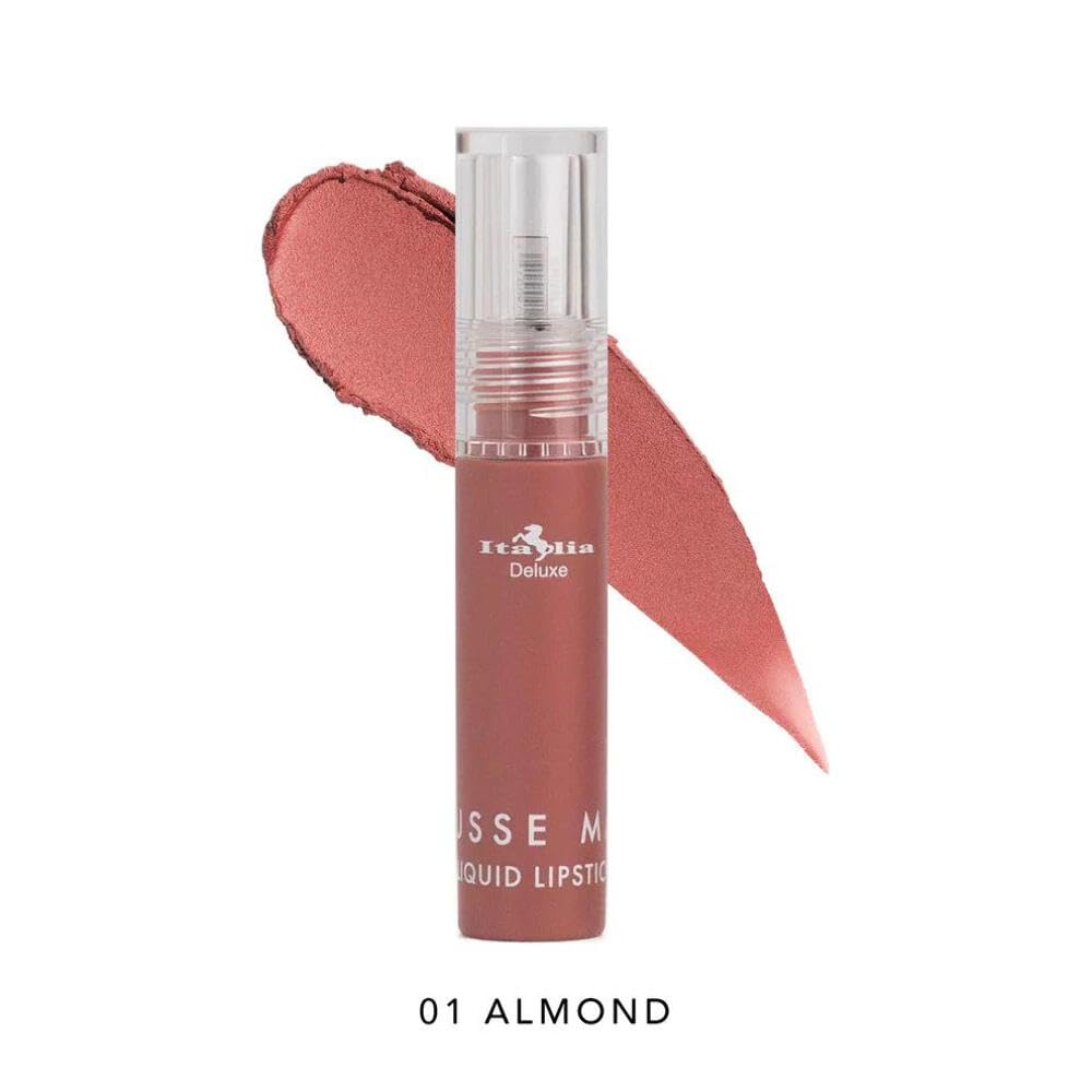 Italia Deluxe Pick 1 Mousse Matte Liquid Lipstick Comfortable Velvet Finish & Zipper Bag (190-01 : ALMOND, Full Size)