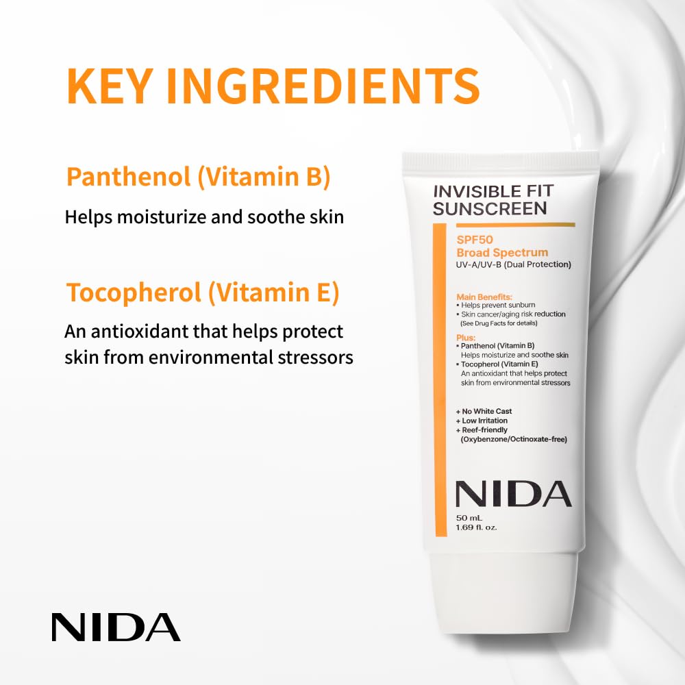 NIDA Invisible Fit Sunscreen SPF 50 Broad Spectrum UV-A/UV-B Protection | No White Cast, Low Irritation, Hydrating Lotion-like Lightweight Glow Beauty and Personal Care NIDA