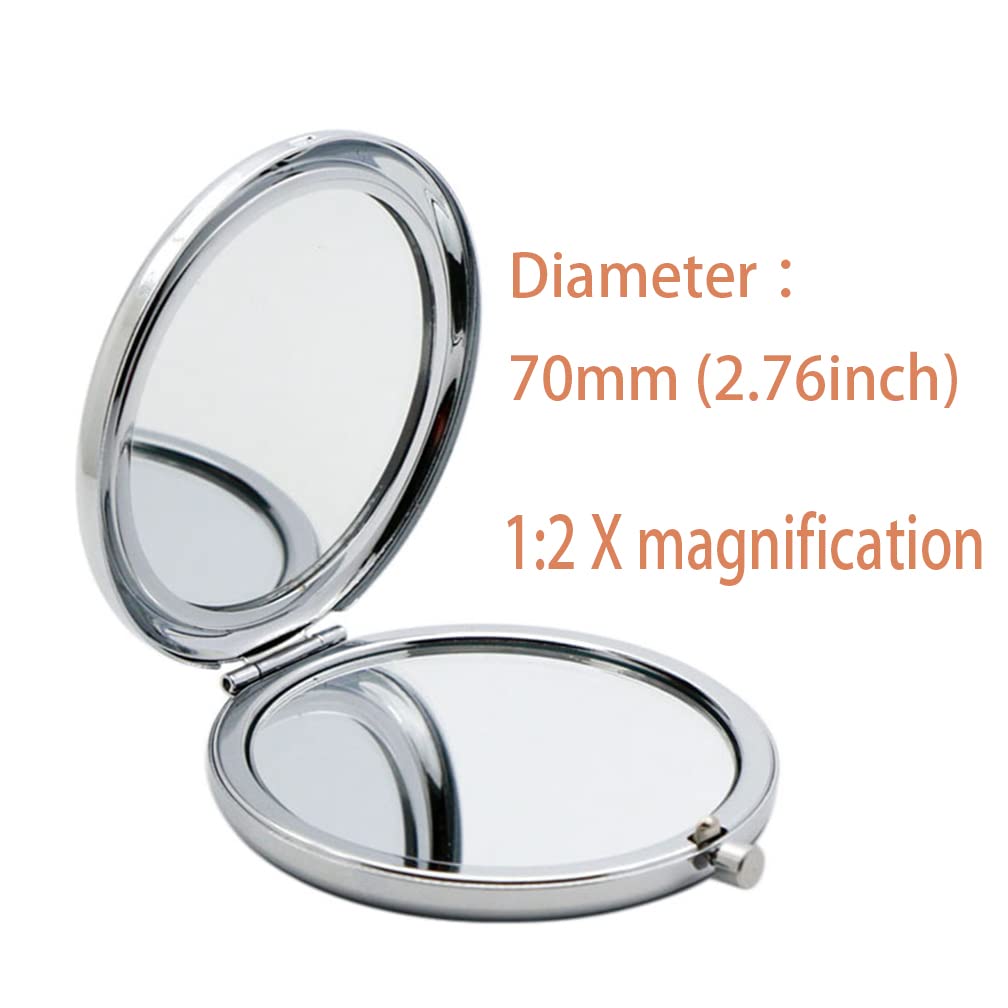 oaiqiy Compact Mirror, Handheld 2.75 inches Travel Makeup Mirror, 1X/2X Magnifying Round Pocket Makeup Mirror(Silvery)