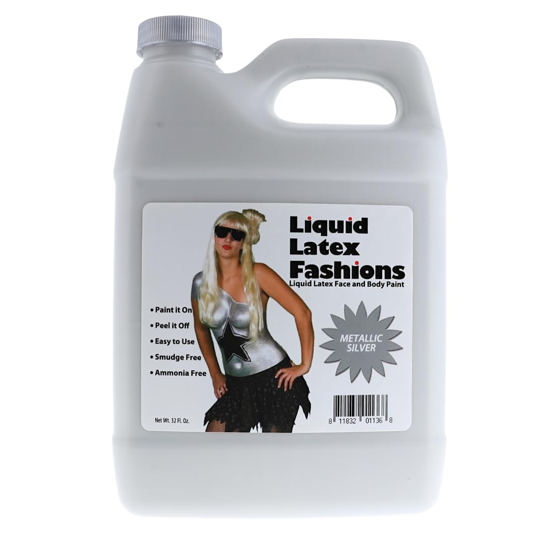 Metallic Silver 32 Fl Oz - Liquid Latex Face and Body Paint, Ammonia Free, Cosplay, Nail Art, Shimmering Finish Paint for Arts and Crafts