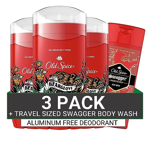 Old Spice Aluminum Free Deodorant for Men, 24/7 Odor Protection, 24/7 Freshness & Lasting Scent, Bearglove Scent, 3.0 oz with Travel Size Swagger Body