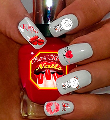 Valentine Nail Art Decals. Valentine Hearts, Boy, Girl, Kisses, Love Nail Art. Set of 36 Waterslide nail art decals. VD005-36 by One Stop Nails Beauty & Personal Care One Stop Nails