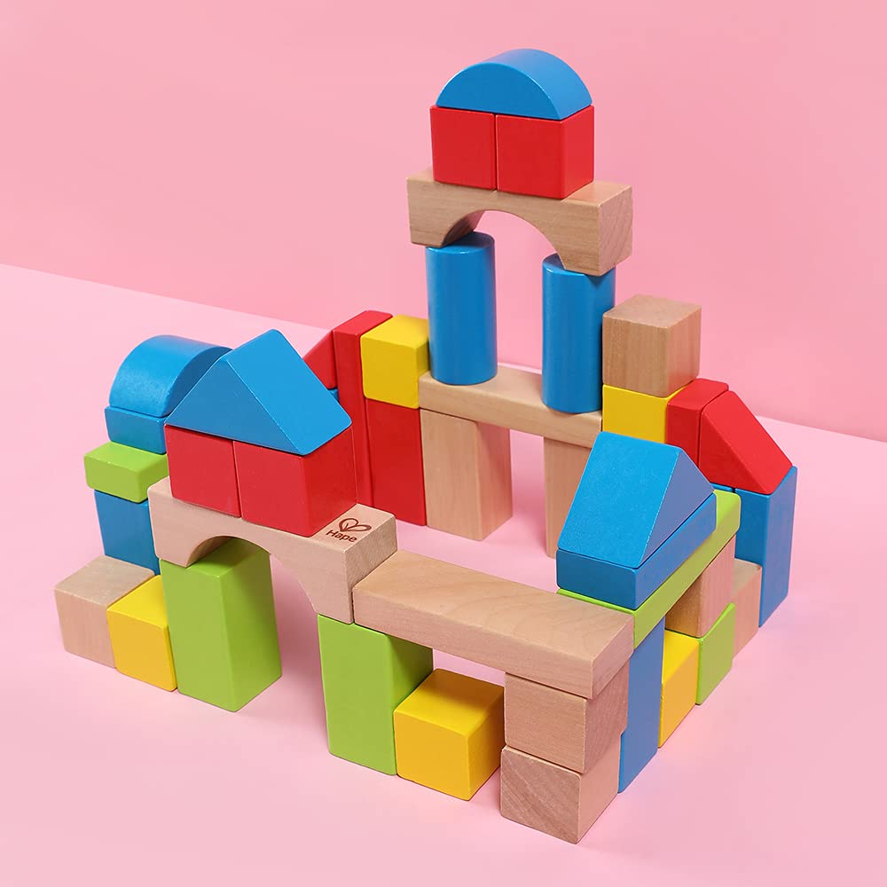 Hape Maple Wood Kids Building Blocks – 50pc Brightly Colored Stacking ...