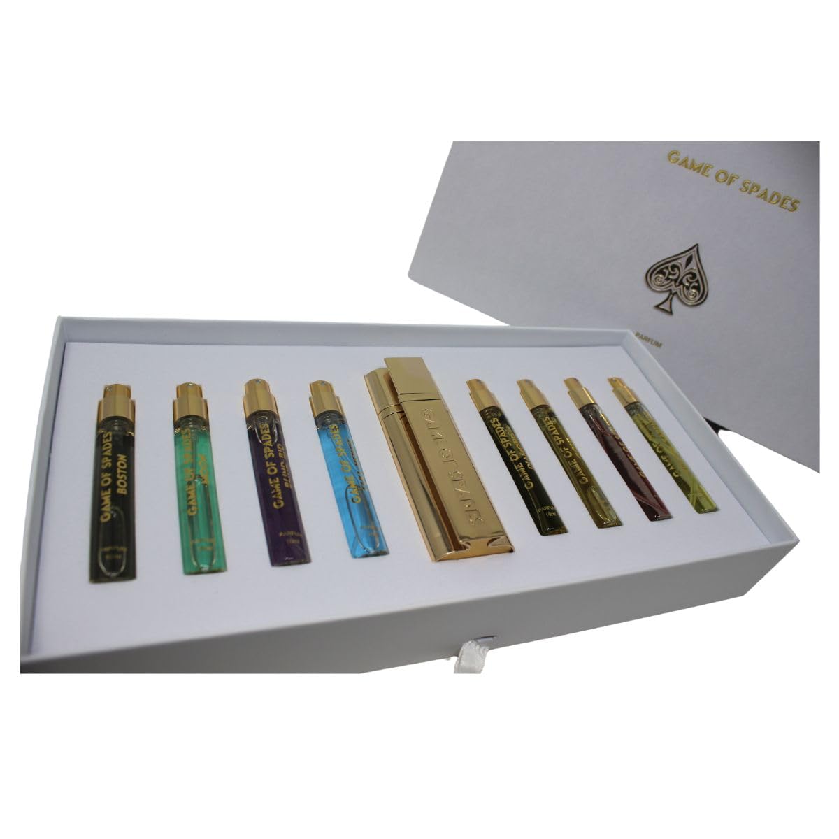 JO Milano Game of Spades 9-Piece Mini Parfum Set for Men & Women - Includes Boston, Moon, Blind Bid, Full House, Diamond, Gold, Ruby, Yellow Sapphire