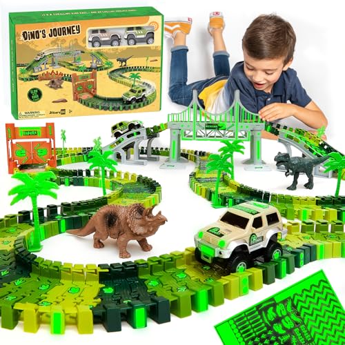 JITTERYGIT Dinosaur Jurassic Race Track Train Glow in The Dark World Toy Set, Kids Dino Racetrack Park Includes T-Rex & Triceratops Playset - Best…
