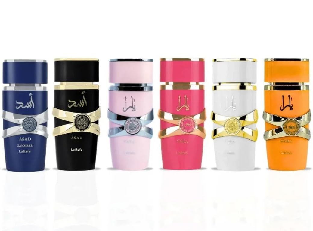 Lattafa Perfume Set - Collection of 6 x 3.4 Oz (100ml): Pink Yara, Yara Moi, Yara Tous, Yara Candy, Asad & Asad Zanzibar - Long Lasting Eau De Parfum