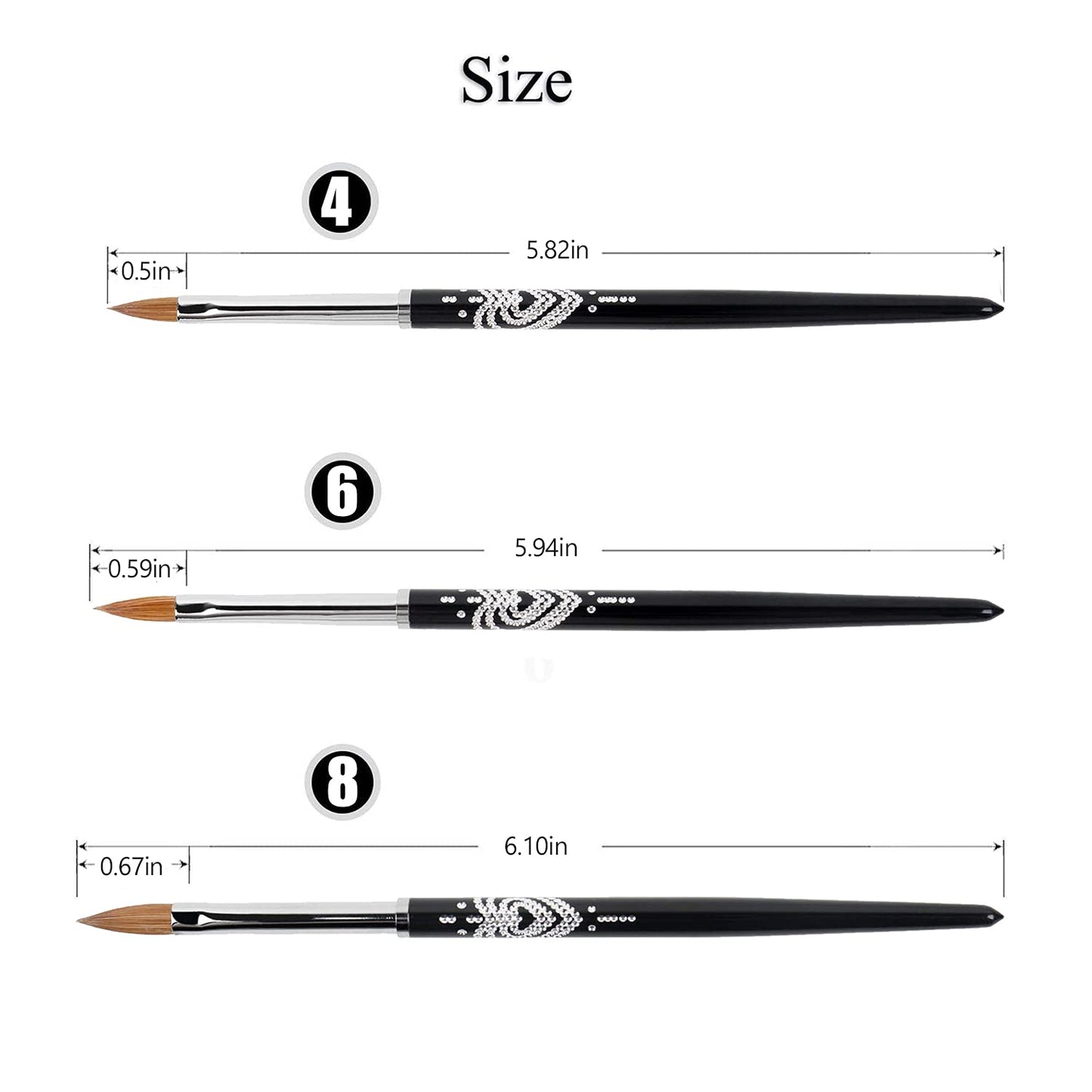 BQAN 3D Kolinsky Nail Art Brush 1Pc #4, Professional nail brushes for acrylic application, Natural Wooden Handle with Rhinestone Design