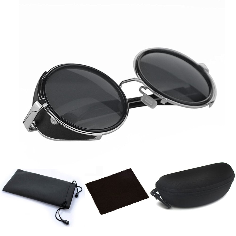 Round Steampunk Sunglasses for Men Women Silver Frame Black Circle Lenses Cyber Goggles Glasses Vintage Retro Design Blinder Fashion Accessories