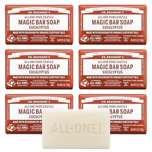 Dr. Bronner's Pure-Castile Magic Soap Bars (Eucalyptus, 5 oz, 6-Pack)- Made with Regenerative Organic Certified Oils for Face, Body & Hair - Gentle