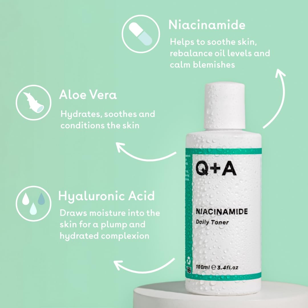 Q+A Niacinamide Daily Toner for Face (100ml), Pore Refining and Hydrating Face Toner with Hyaluronic Acid and Aloe Vera, Fragrance Free Skincare