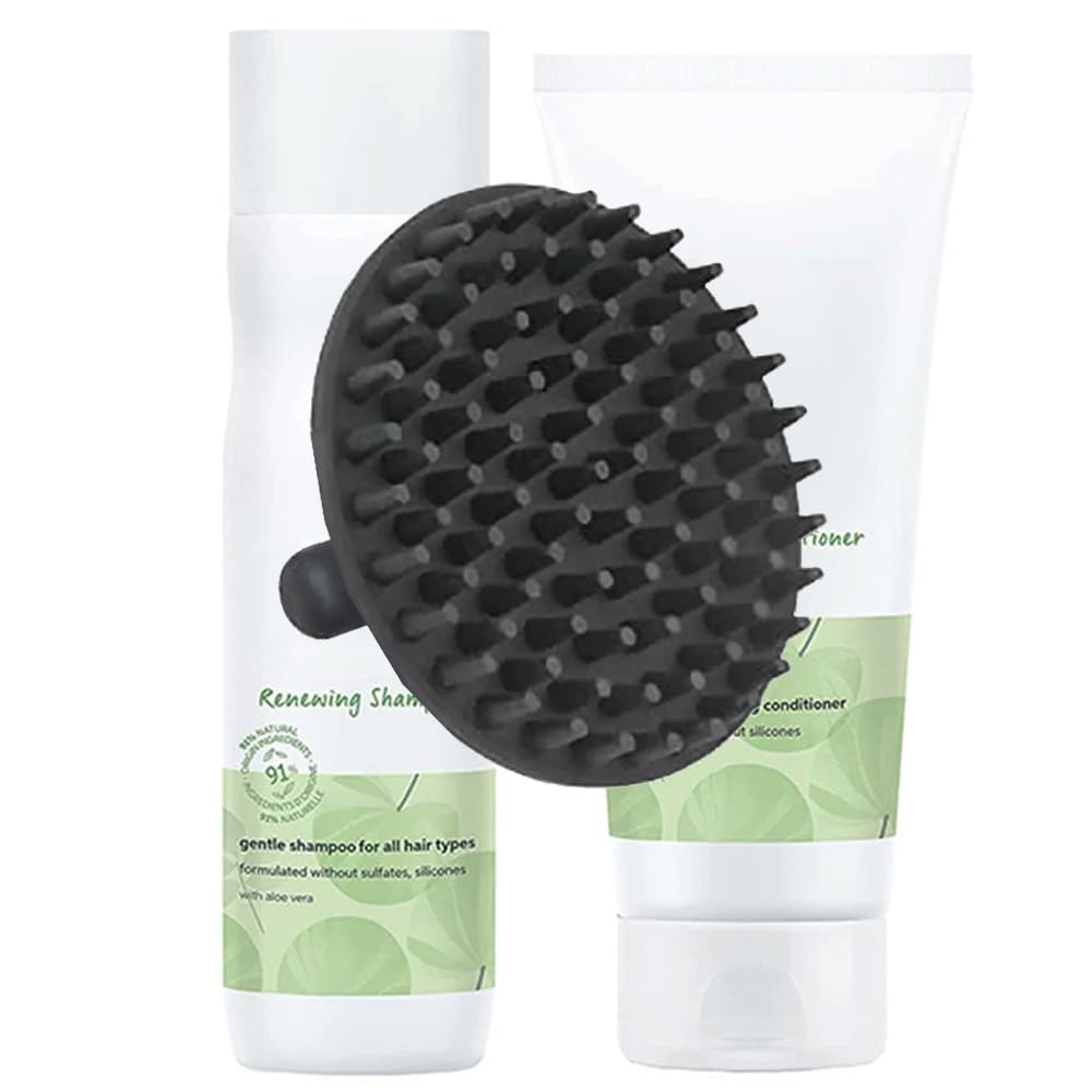 Elements Renewing Shampoo & Conditioner Set and M Hair Designs Scalp Brush (Bundle) - Sulfate-Free, Silicone-Free, Hydrating Hair Care for Soft