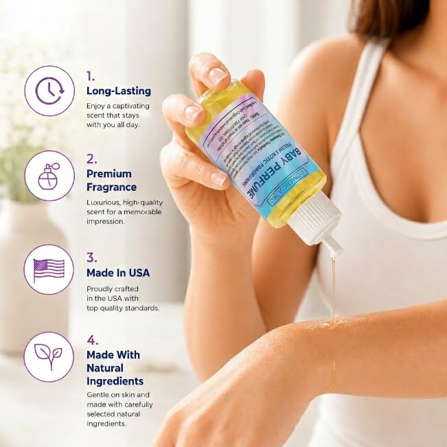 ROMERIZA INC. 4 Fl Oz Baby Perfume Fragrance Body Oil - Luxury Unisex Baby Oil Perfume with Long Lasting Baby Powder Scent, Uncut Perfume Oil, Scented