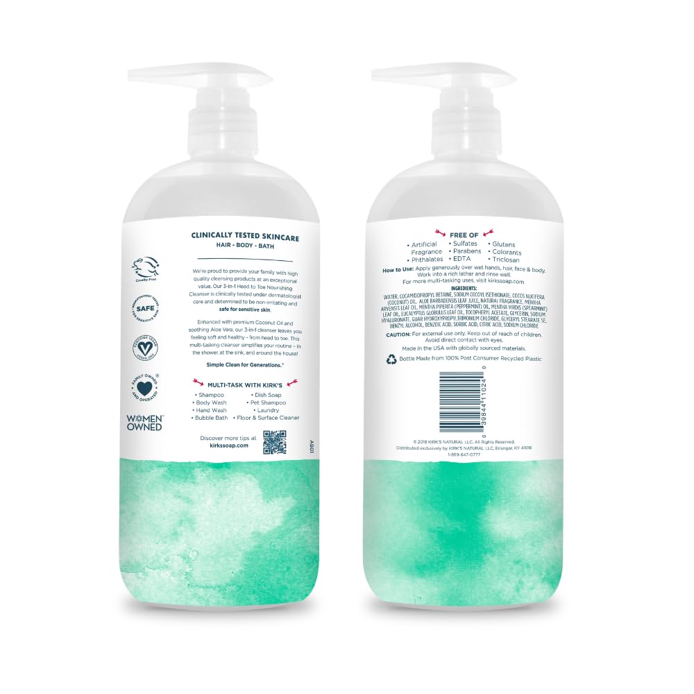 Kirk's Mint and Eucalyptus 3-in-1 Nourishing Cleanser, Shampoo Body Wash Bubble Bath, Coconut Oil and Aloe Vera, Vegan Non-GMO, 32 Fl Oz Beauty & Personal Care Kirk's