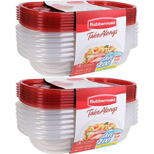 Rubbermaid Take Alongs Food Storage Container, 4-Cup Rectangle, Set of 12, (12 Pack), Red