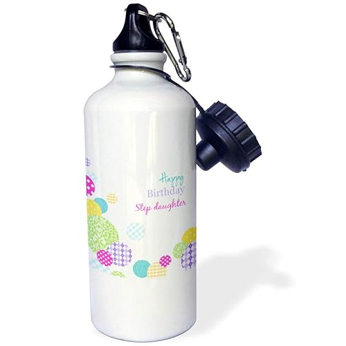 3dRose wb_165134_1 Happy Birthday Step Daughter - Modern Colorful Dots Pattern On White Sports Water Bottle, Multicolor, 21 oz