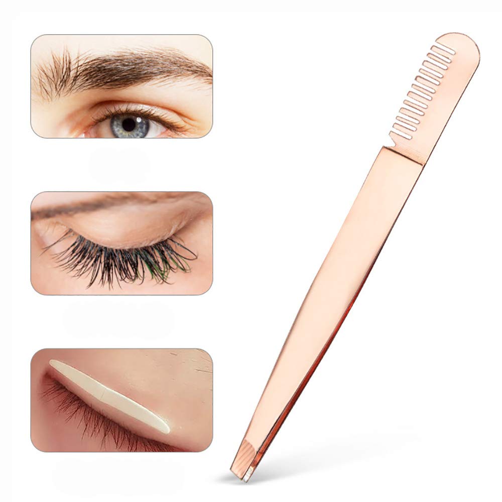 Amaok Eyebrow Tweezer with Comb - Tweezer Slant Tip, Professional Stainless Steel Slant Tip Tweezer - The Best Gold Precision Eyebrow Tweezers