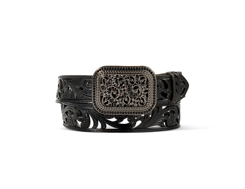 ARIAT Women's Filigree Leather Clear Crystal Accents Belt, Black, Medium