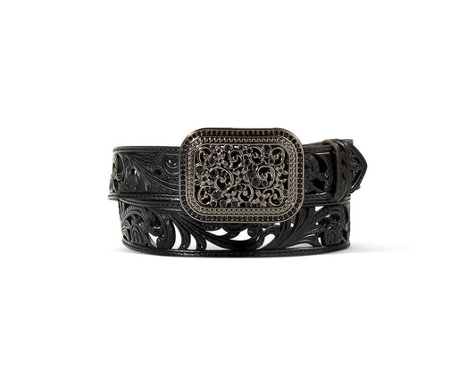 ARIAT Women's Filigree Leather Clear Crystal Accents Belt, Black, Medium