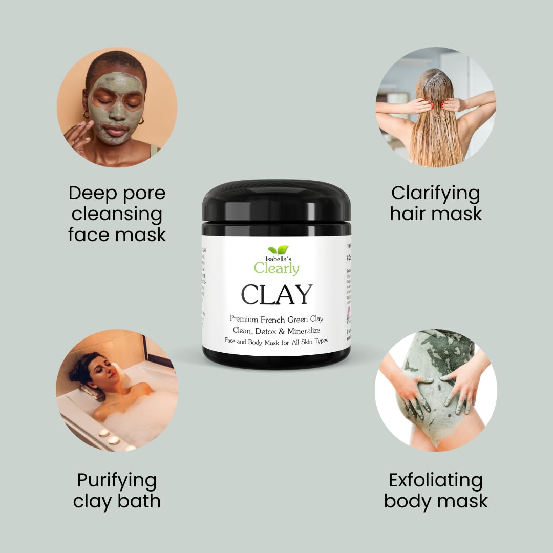 Clearly CLAY, Deep Pore Cleansing, Skin Softening Facial Mask | 100% Pure French Green Clay Powder for Acne, Blackheads, Dry Skin, Oily Skin | Non