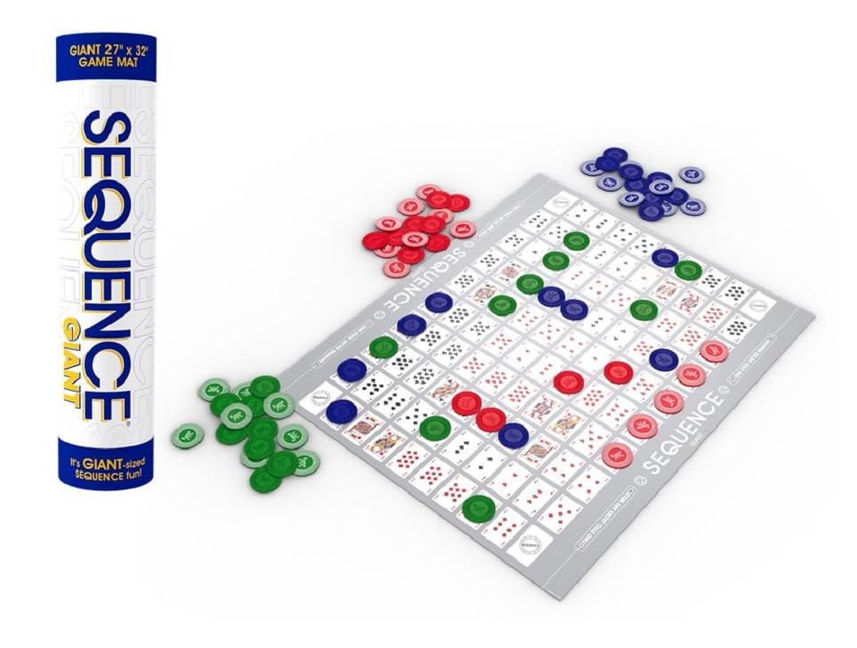 Jax Giant (aka Jumbo) SEQUENCE Game - Tube Edition with Cushioned Mat (27" x 32") Cards and Chips, Package Colors May Vary.