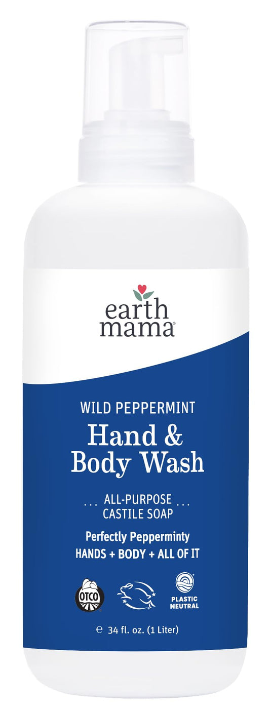 Earth Mama Wild Peppermint Hand & Body Wash | Foaming Castile Soap Liquid and Hand Soap, Made with Organic Wild Mint & Peppermint Oil, 34 fl oz