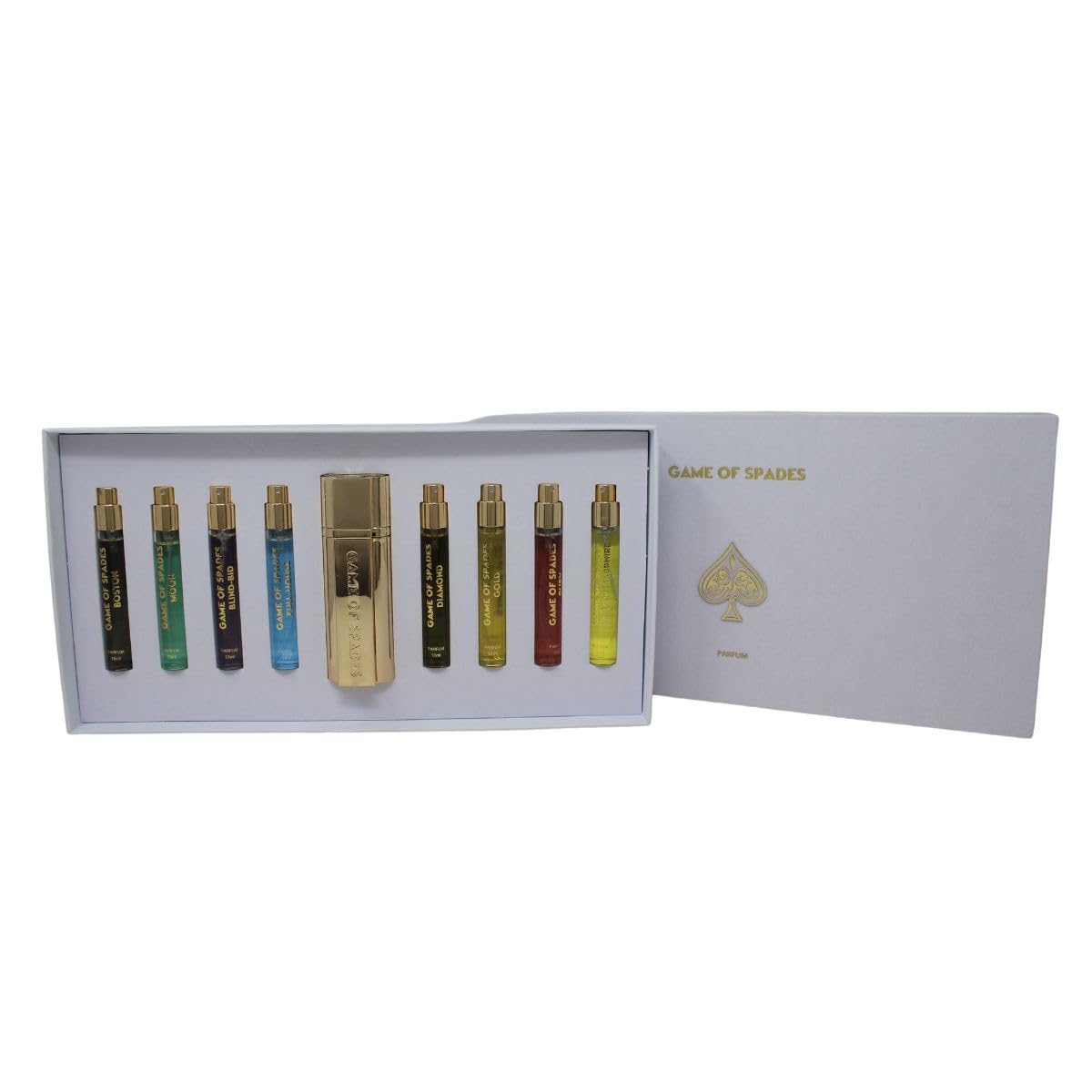 JO Milano Game of Spades 9-Piece Mini Parfum Set for Men & Women - Includes Boston, Moon, Blind Bid, Full House, Diamond, Gold, Ruby, Yellow Sapphire