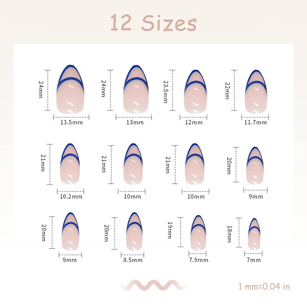 BABALAL Almond Press on Nails Blue French Tip Fake Nails Medium Glue on Nails Glossy Full Cover Design Manicure Acrylic Nails for Women and Girls