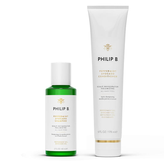 PHILIP B. Peppermint Avocado Conditioner 6oz + Peppermint Avocado Shampoo 2oz Set - Volumizing & Clarifying, Oil and Eucalyptus Invigorates the Scalp