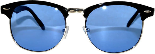 Vintage Retro Silver Metal Half Frame Blue Lens Sunglasses
