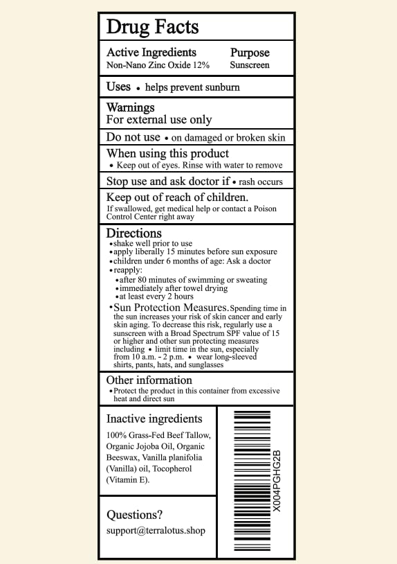 Organic Tallow Mineral Sunscreen - 50 SPF - For Face and Body - With 100% Grass-Fed Tallow and Non-Nano Zinc Oxide Reef Safe - (5 Oz) Beauty and Personal Care Terra Lotus