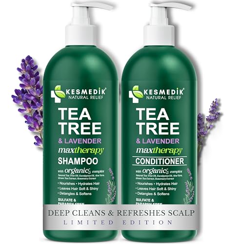 KESMEDIK Tea Tree Lavender Shampoo & Conditioner Set with Mint & Rosemary, Cleanses, Cools & Soothes Dry, Itchy Scalp, Sulfate & Paraben-Free, For All