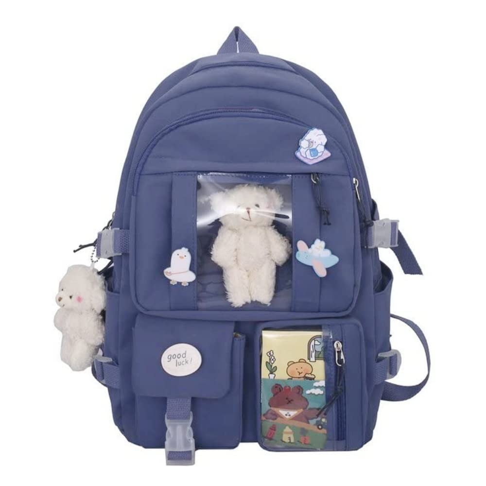 School Backpack for Teen Girls Back to School Aesthetic Cute Adorable Lovely with Pin and Cute Accessory (Blue)