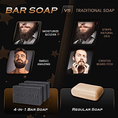 Bossman 6-Pack 4-in-1 Bar Soap for Men – All Natural Organic Beard Wash, Shampoo, Body Wash, Shaving Soap – Lavender & Patchouli Scent