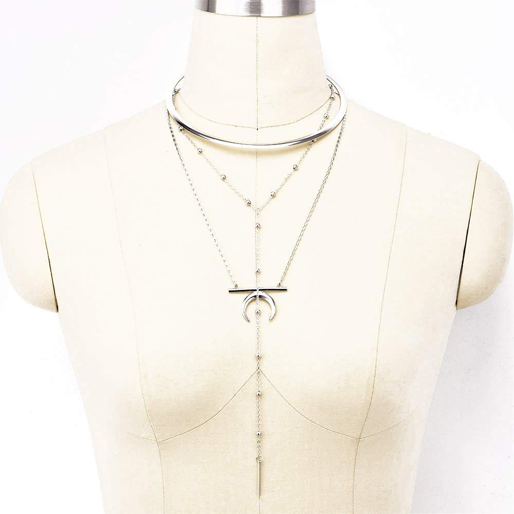 DoubleNine Big Circle Long Chain Moon Crescent Bar Pendant Gothic Multi-layer Necklace Silver Choker for Women Girls