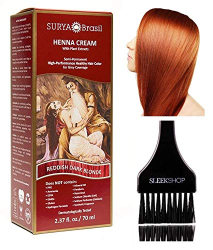 Surya Brasil All Natural HENNA Hair Color CREAM Plant Extracts, Semi-Permanent for Grey Coverage (with Brush) Brazil (REDDISH DARK BLONDE)