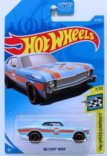 Hot Wheels 1:64 Scale Speed Graphics 7/10,[Blue] '68 Chevy Nova 67/250