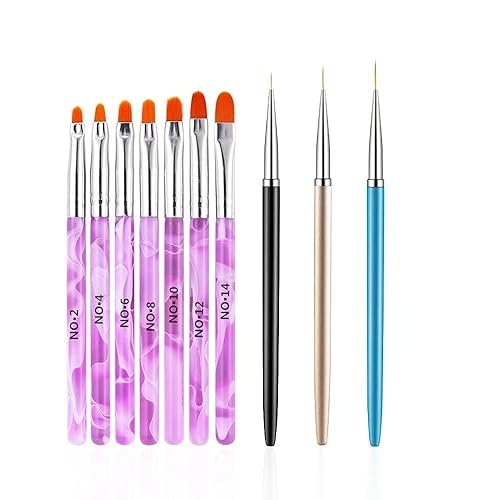10 Pcs Gel Nail Brush Set, 7 Pcs UV Gel Nail Painting Brushes with 3 Pcs Nail Art Liner Brushes, Nail Art Brush Nail Painting Brush Pen Set