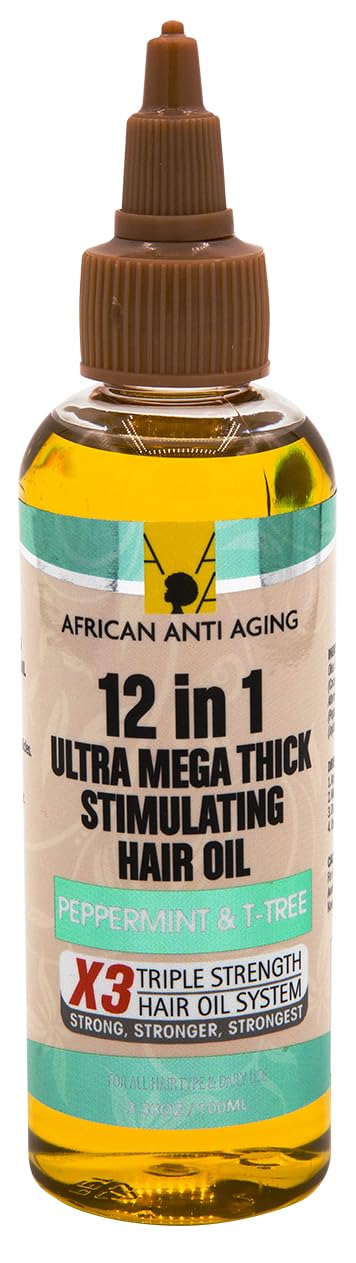 African Anti Aging 12 In 1 Ultra Mega Thick Stimulating Hair Oil Peppermint & T-Tree 3.38 Oz (Pack of 1)