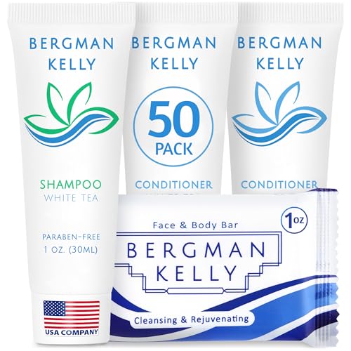 BERGMAN KELLY Rectangular Hotel Soap Bars, Shampoo & Conditioner 3-Piece Set (1 oz each, 150 pc, White Tea), Delight Guests with Revitalizing