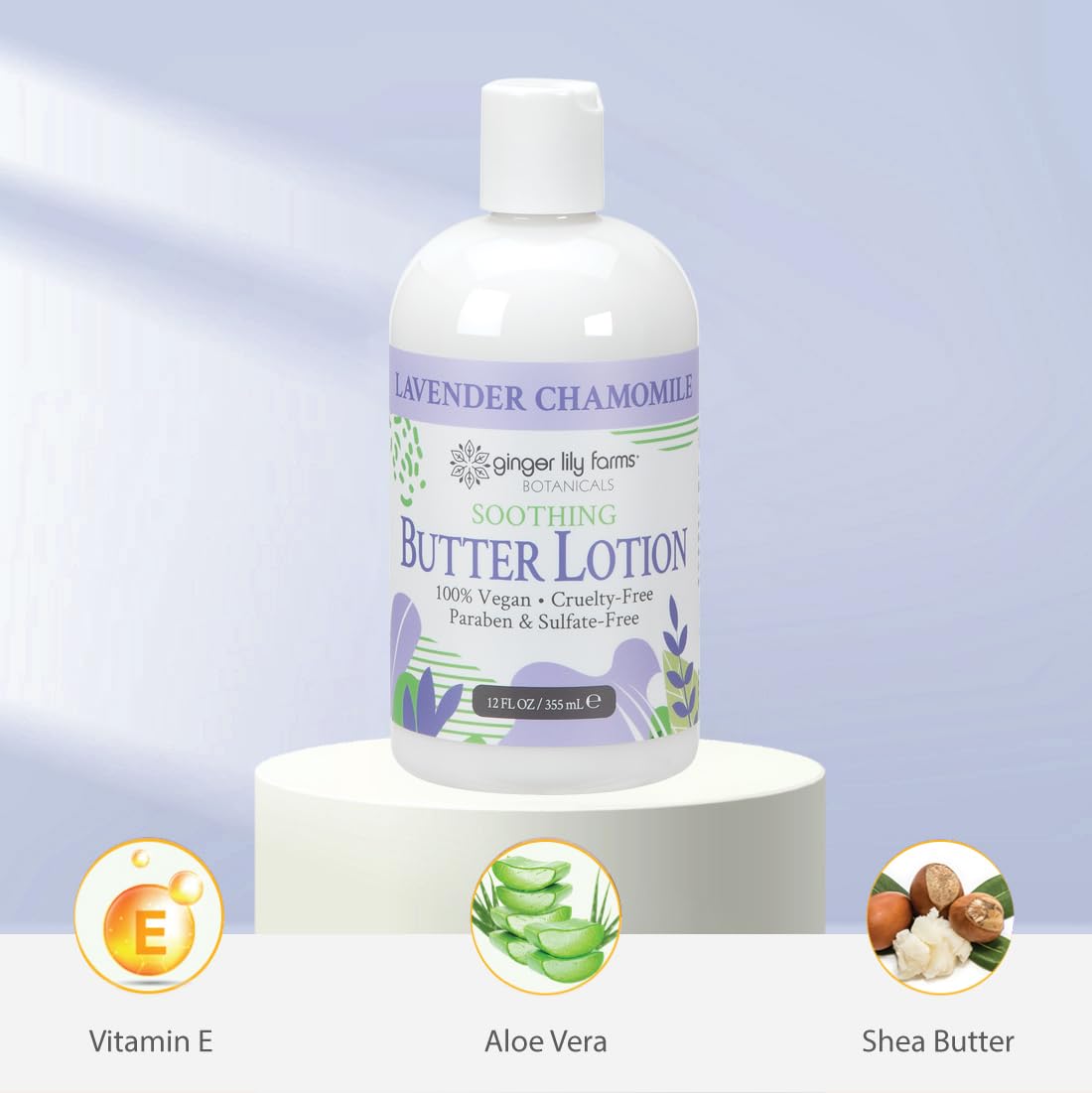 Ginger Lily Farms Botanicals Soothing Butter Lotion for Dry Skin, 100% Vegan & Cruelty-Free, Lavender Chamomile Scent, 12 Fl Oz