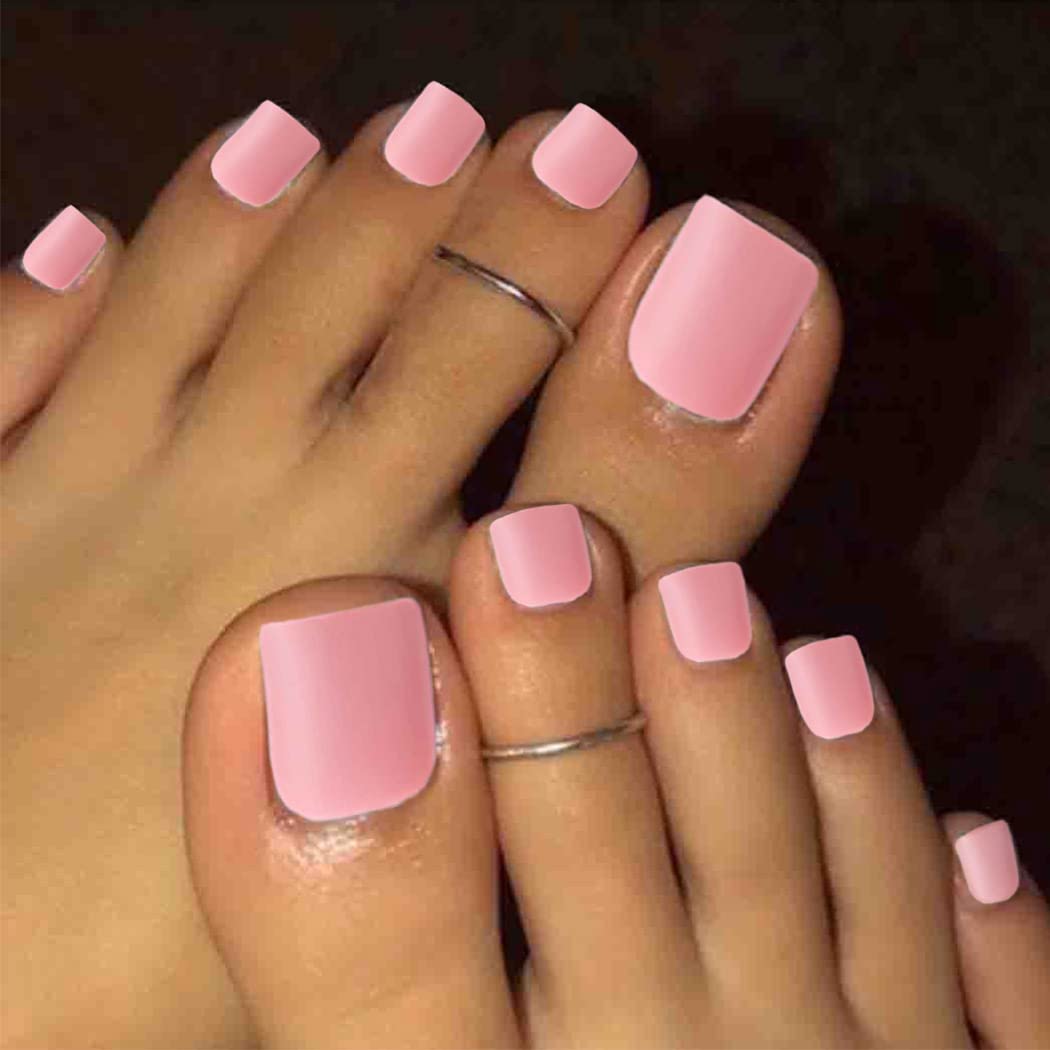 Outyua Pink Press on Toe Nails Matte Square Fake Toenails Short Solid False Toes Nails with Designs Acrylic Cute Artificial Beach Full Cover Toenail