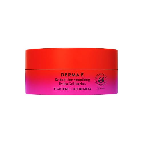 Derma E Retinol + Bakuchiol Under Eye Patches (30 Pairs) Non-Irritating, Line Smoothing Hydro Gel Eye Patches with Rose Water & Real Hibiscus Petals